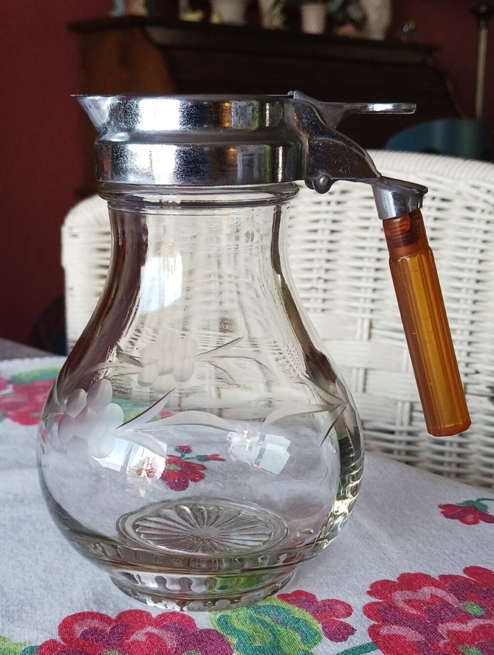 Vintage~ Glass Syrup Pitcher with Amber Handle & Etched Flower